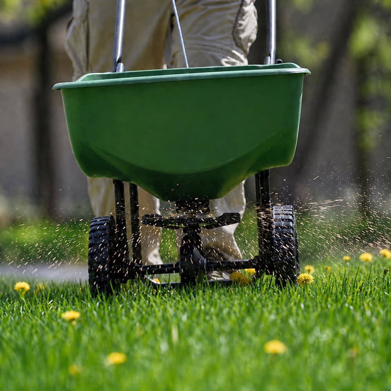 Applying lawn fertiliser to a healthy green lawn